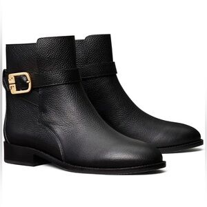 Tory Burch Black Leather Ankle Boots with Gold Buckle
